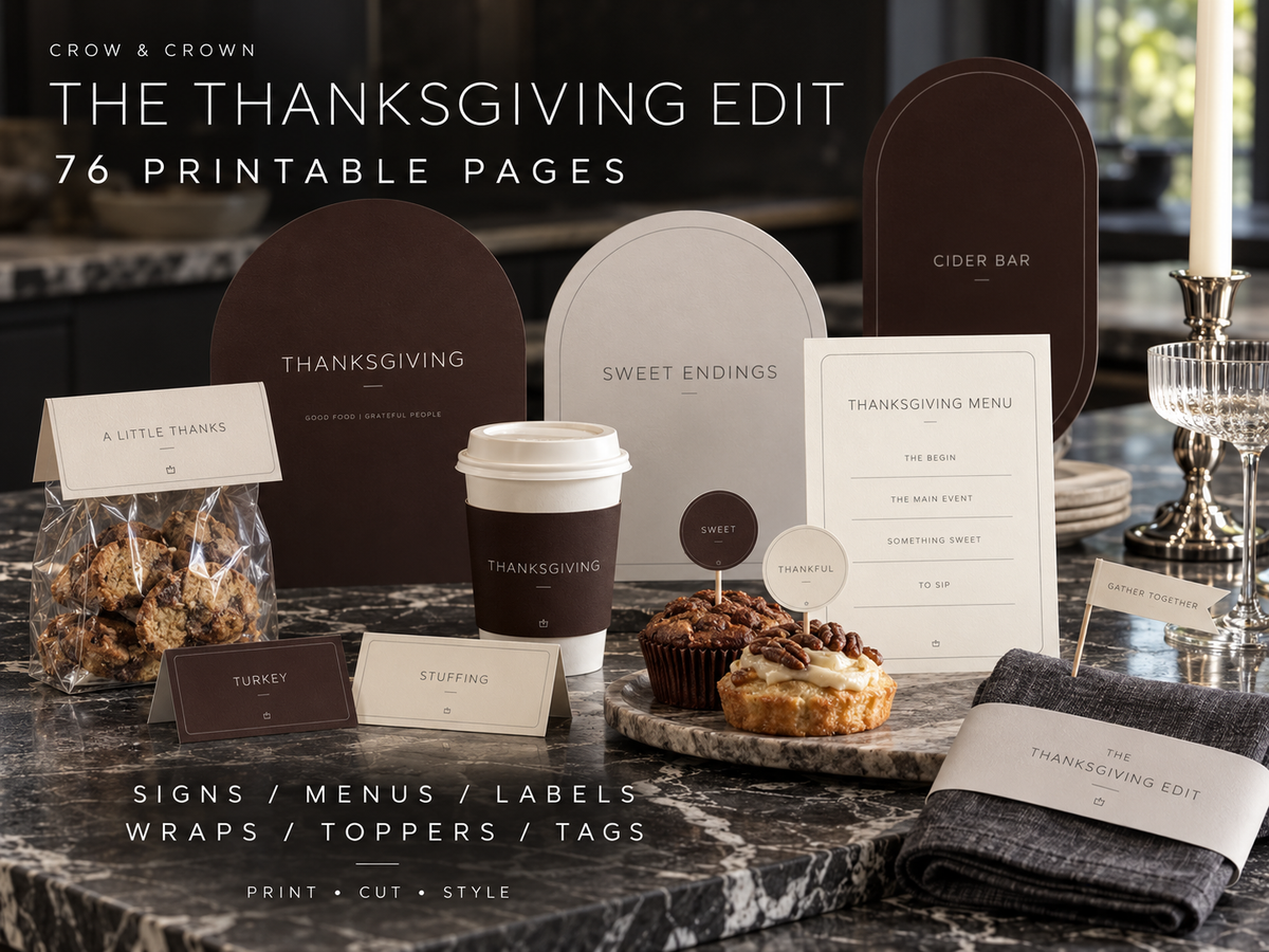 Thanksgiving printable overview with station signs, food labels, cup wraps and toppers