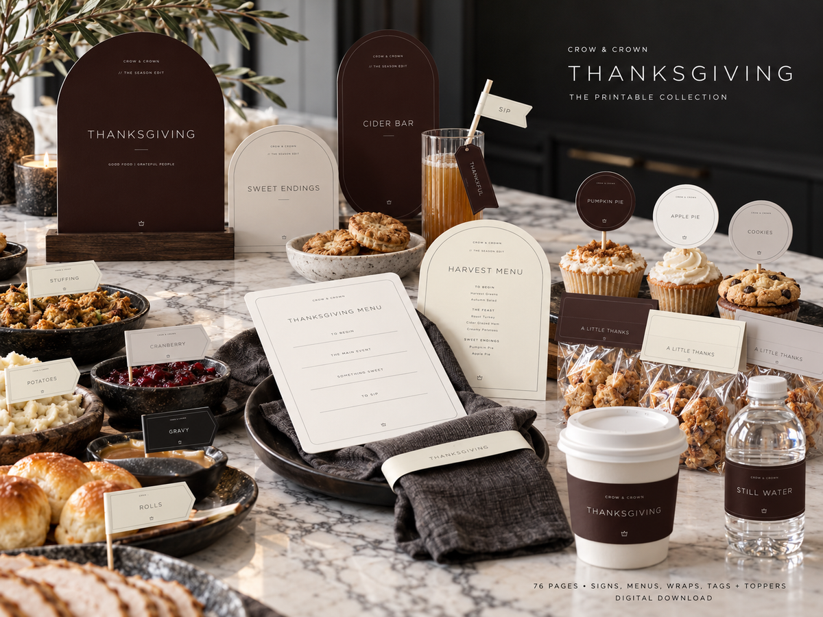 Thanksgiving printables styled with a menu place setting, station signs and cup sleeves