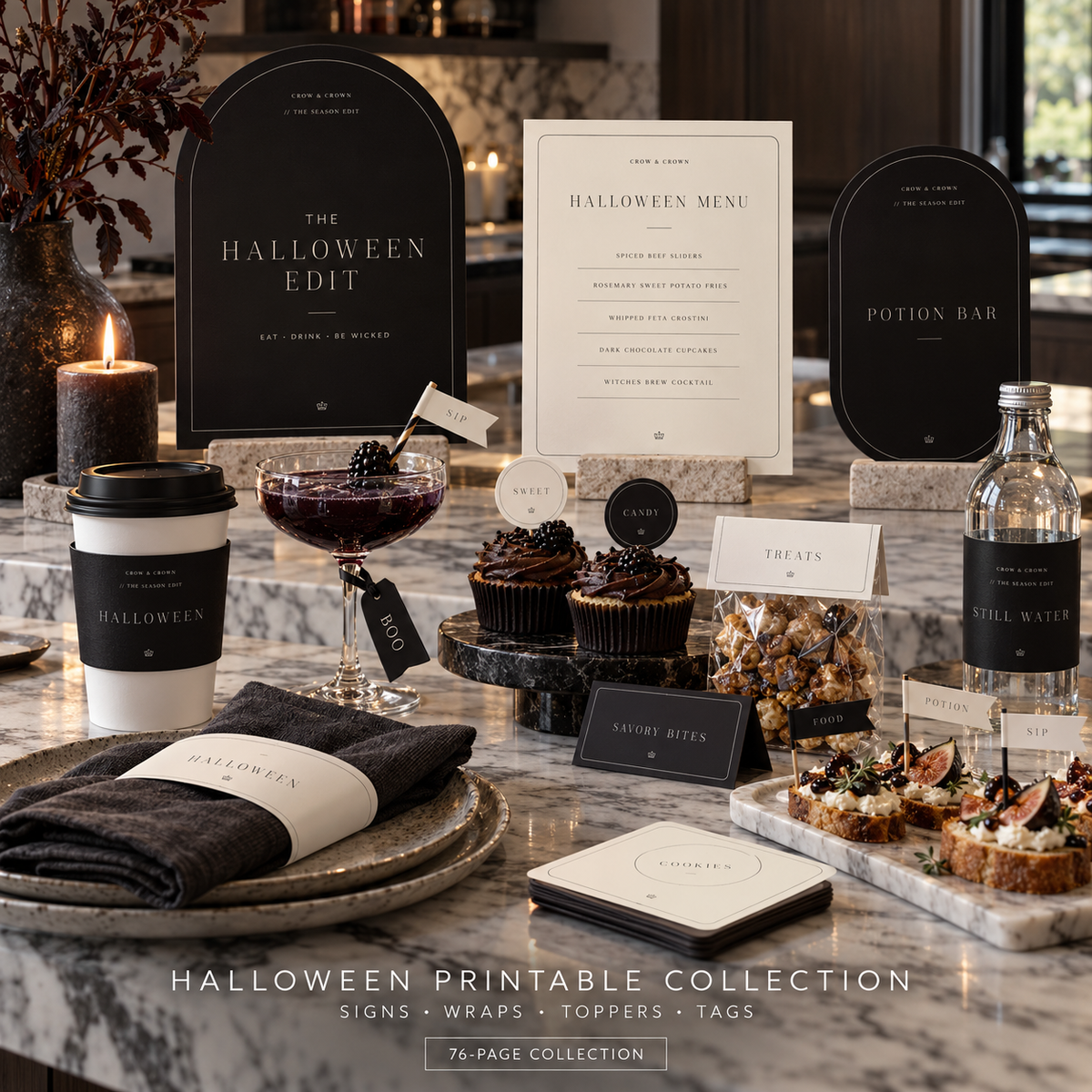 Arched Halloween signs, menu cards, wraps and toppers styled on a stone party table