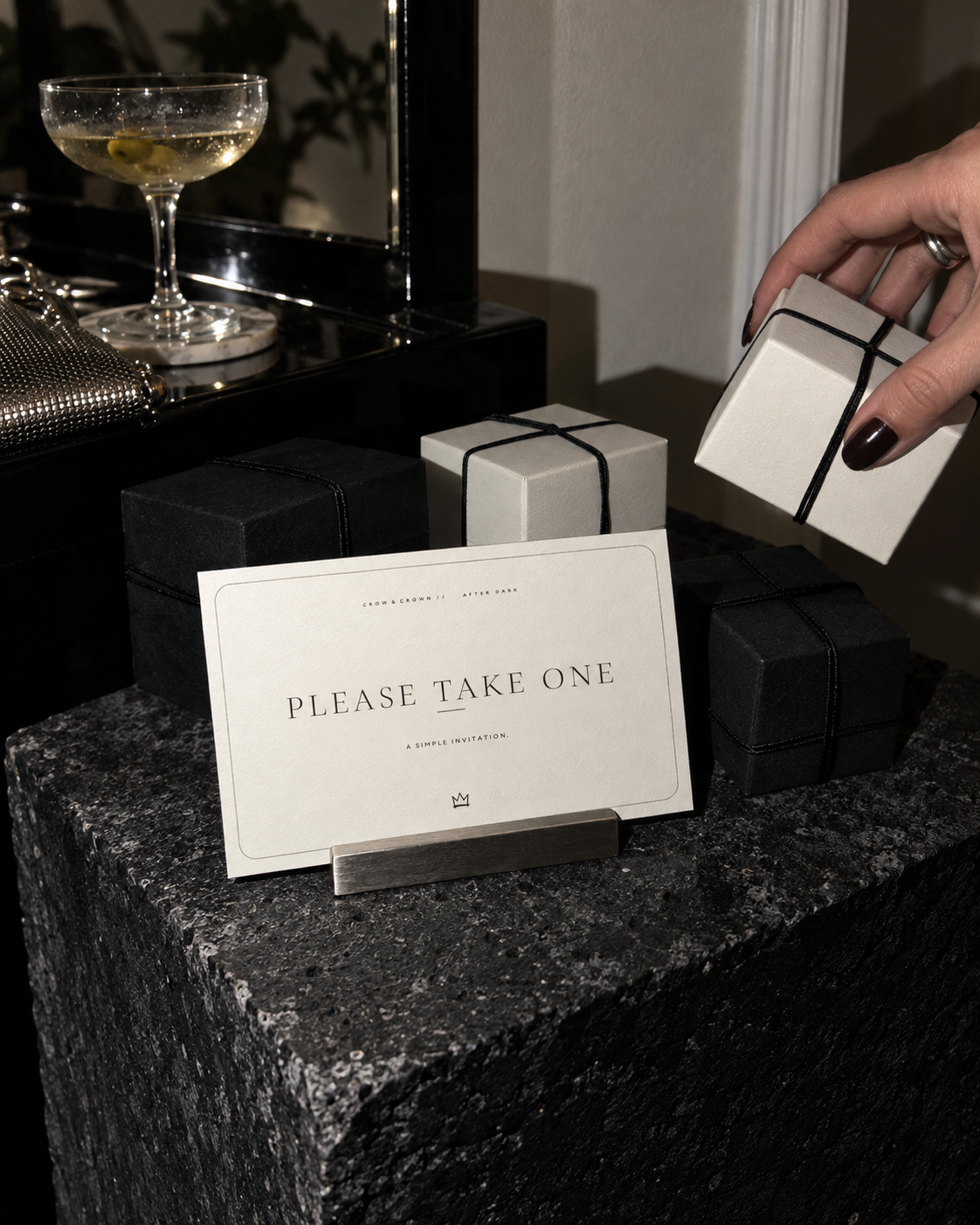 Please Take One printable favor sign with ivory boxes tied in black ribbon