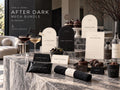 Evening-party printable overview with an After Dark banner, food signs, menus, bottle wraps and toppers