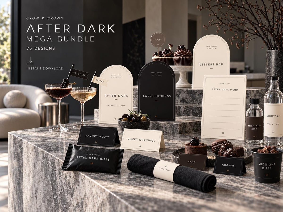 Evening-party printable overview with an After Dark banner, food signs, menus, bottle wraps and toppers