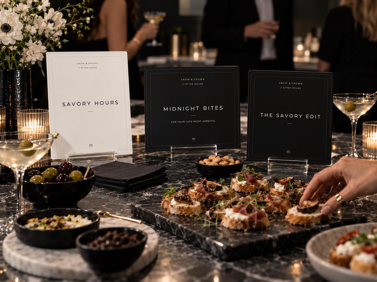Savory Hours, Midnight Bites and The Savory Edit printable signs with appetizers at a party