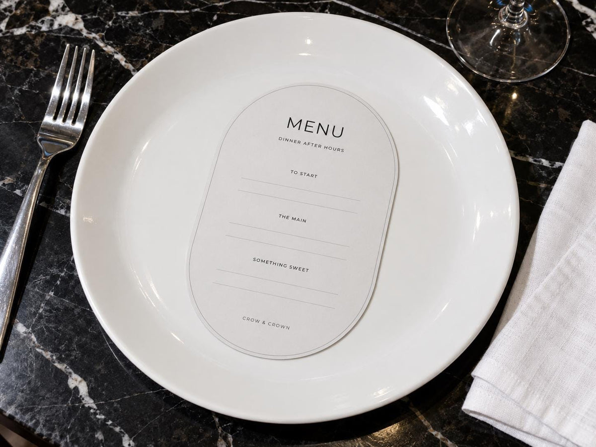 After Hours cocktail-party menu printable on a white plate over black marble