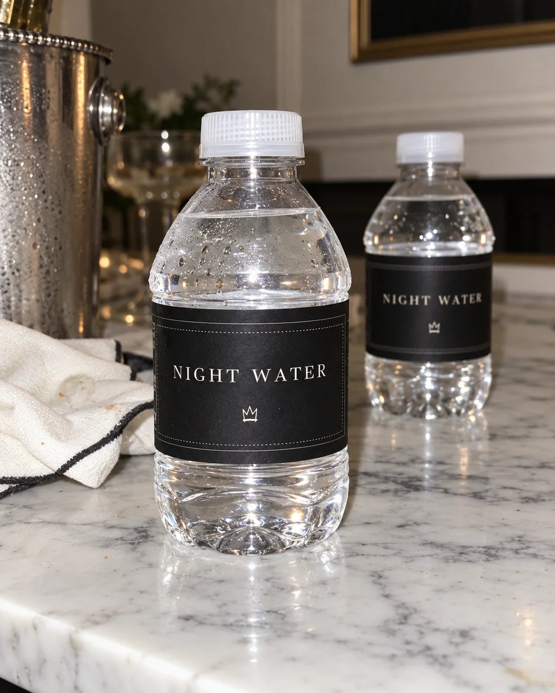 Crow & Crown after dark party 80 night water bottle label — printable shown in use