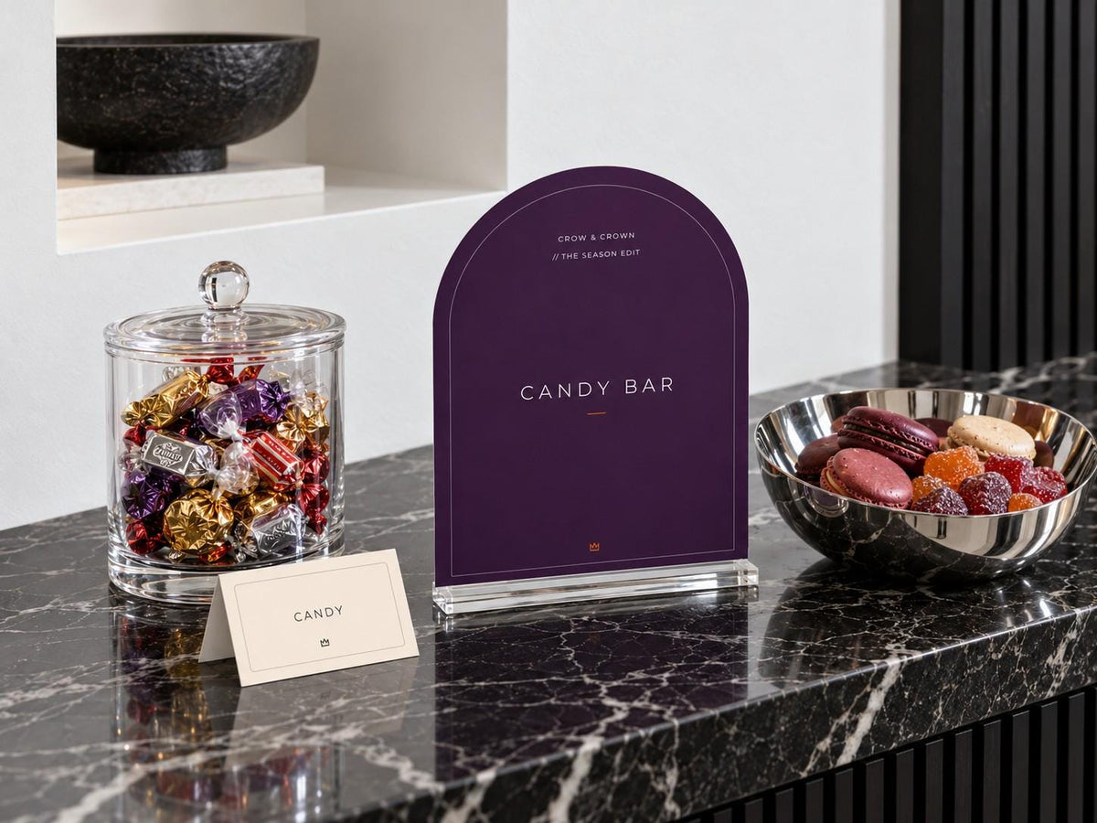 Purple Candy Bar Halloween printable with an ivory Candy tent card and glass candy jar