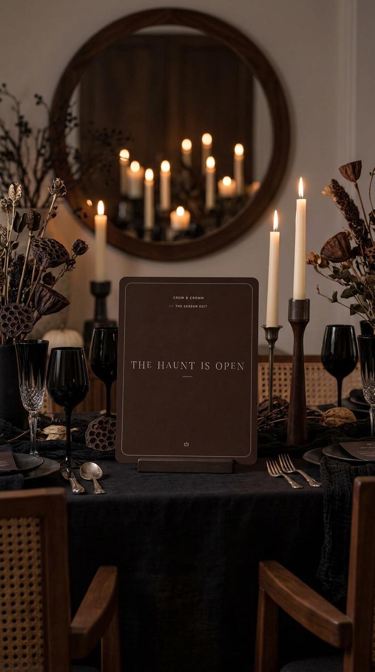 The Haunt Is Open Halloween printable at a dark candlelit dining table