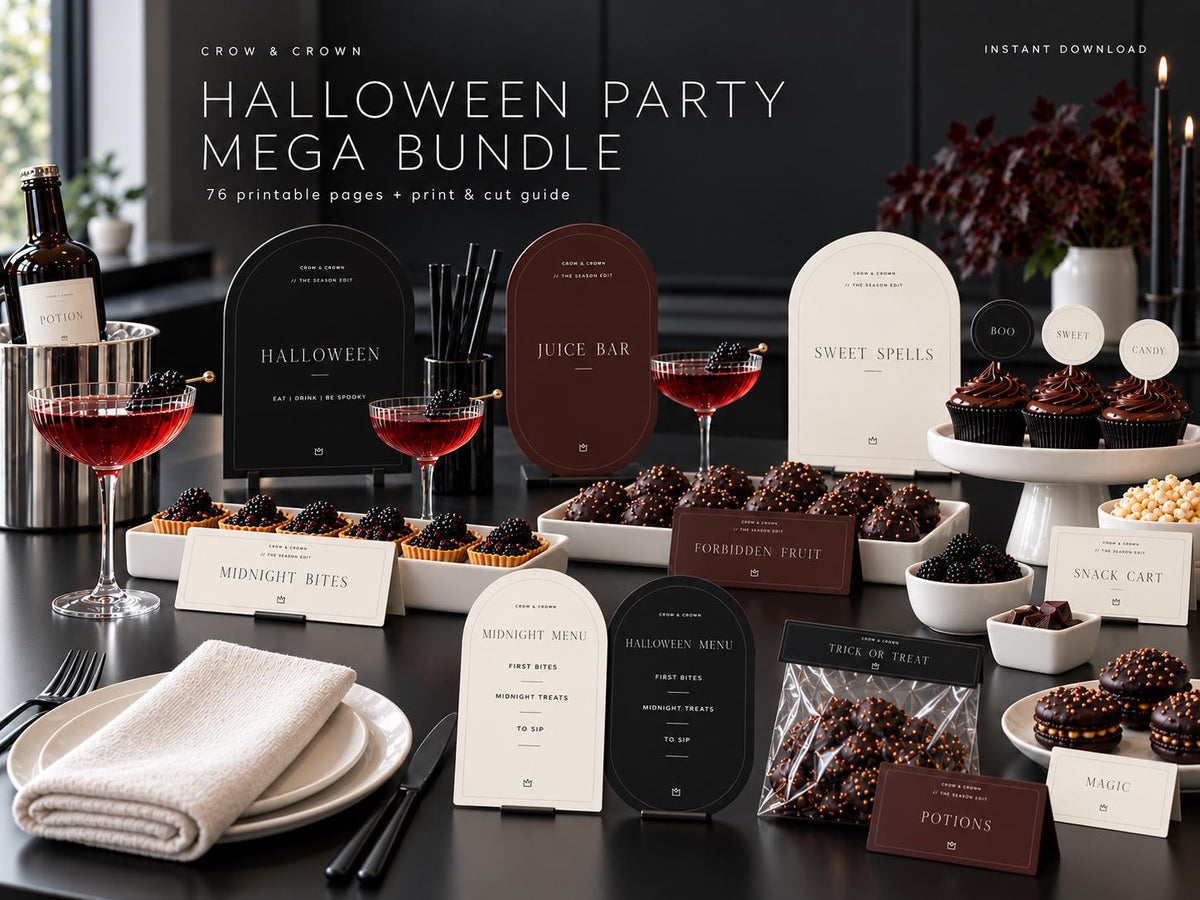 Halloween Party Mega Bundle display with welcome, Juice Bar and Sweet Spells printables
