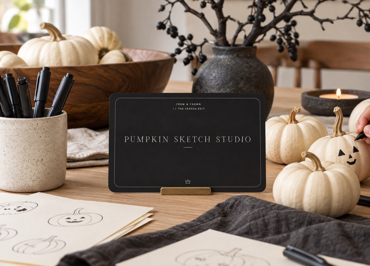 Pumpkin Sketch Studio Halloween printable with small ivory pumpkins and drawing supplies