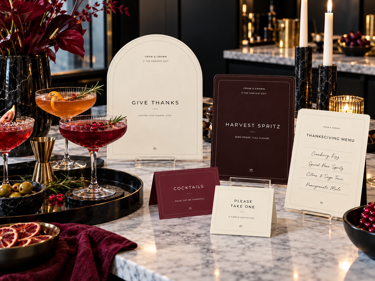 Give Thanks, Harvest Spritz and Thanksgiving Menu printables styled with cocktails and fruit