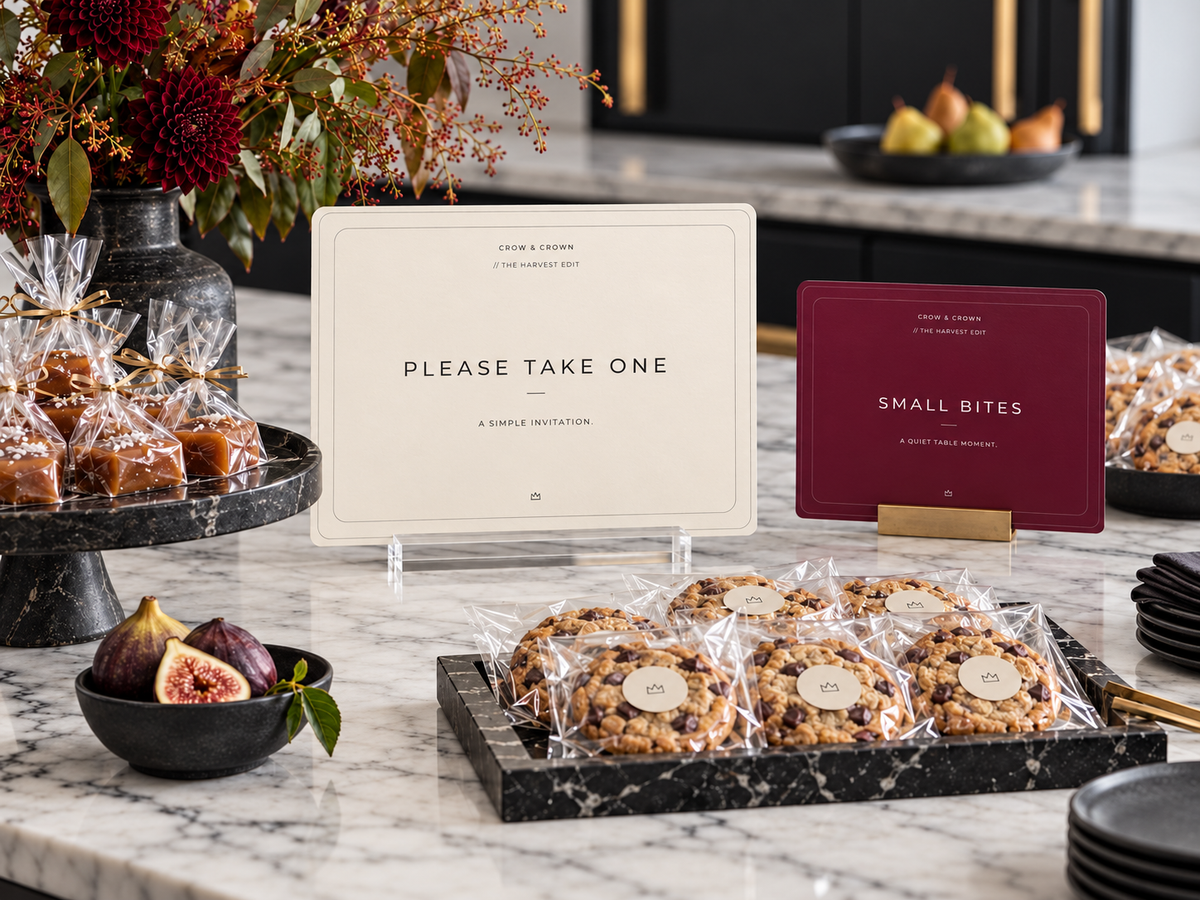 Please Take One and wine Small Bites Thanksgiving printables beside wrapped favors and cookies