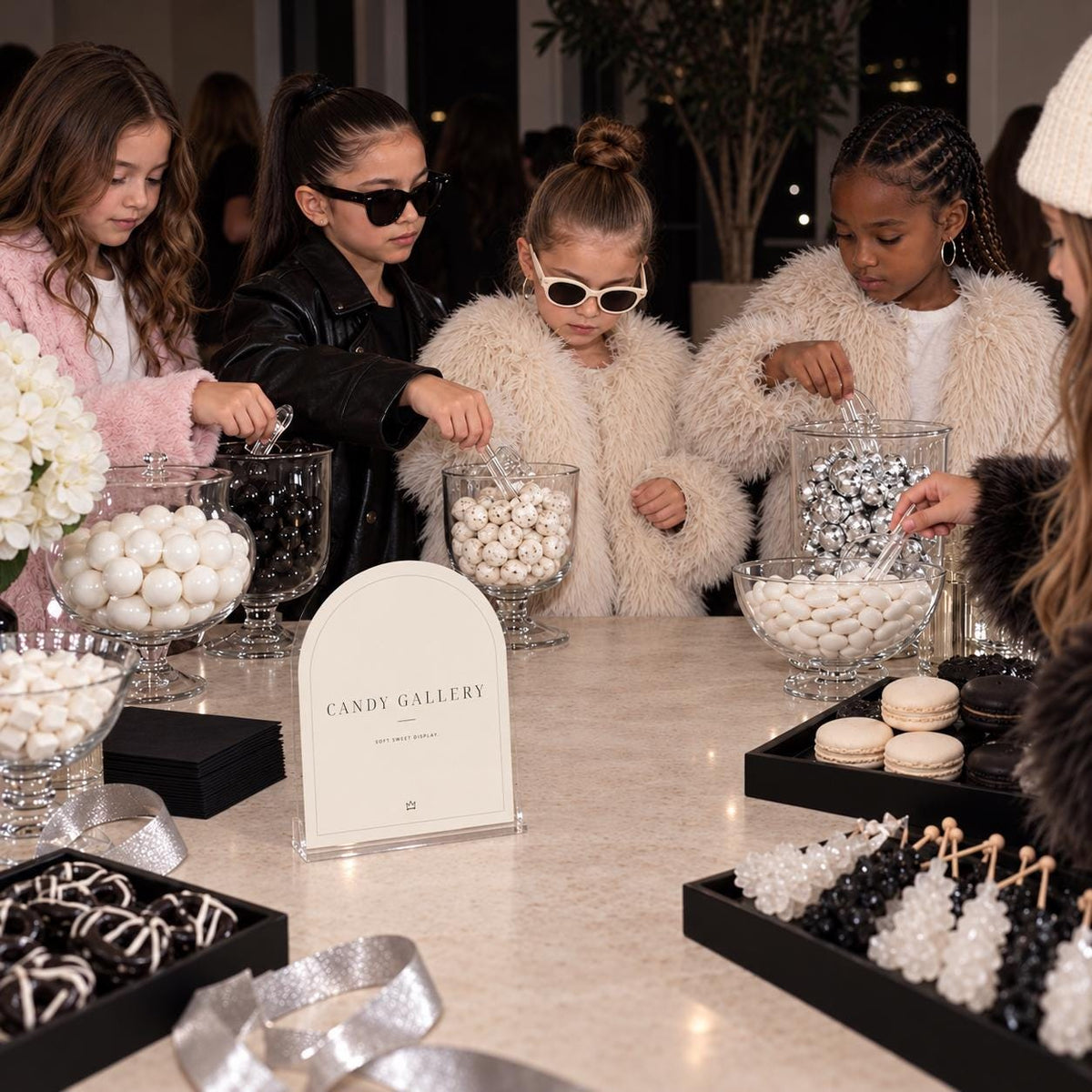 Candy Gallery fashion birthday printable beside children choosing sweets from glass jars