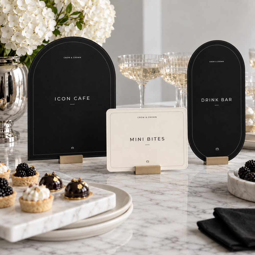 Minimal Fashion birthday printables with Icon Cafe, Drink Bar and Mini Bites signs on marble
