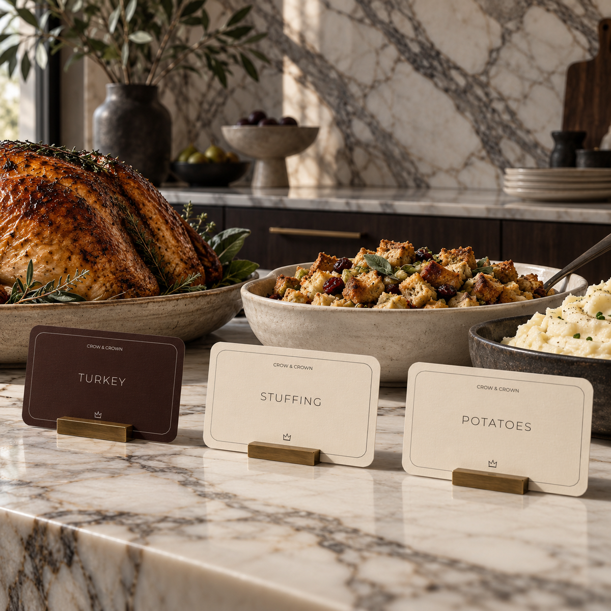 Turkey, Stuffing and Potatoes Thanksgiving printable labels in front of serving dishes