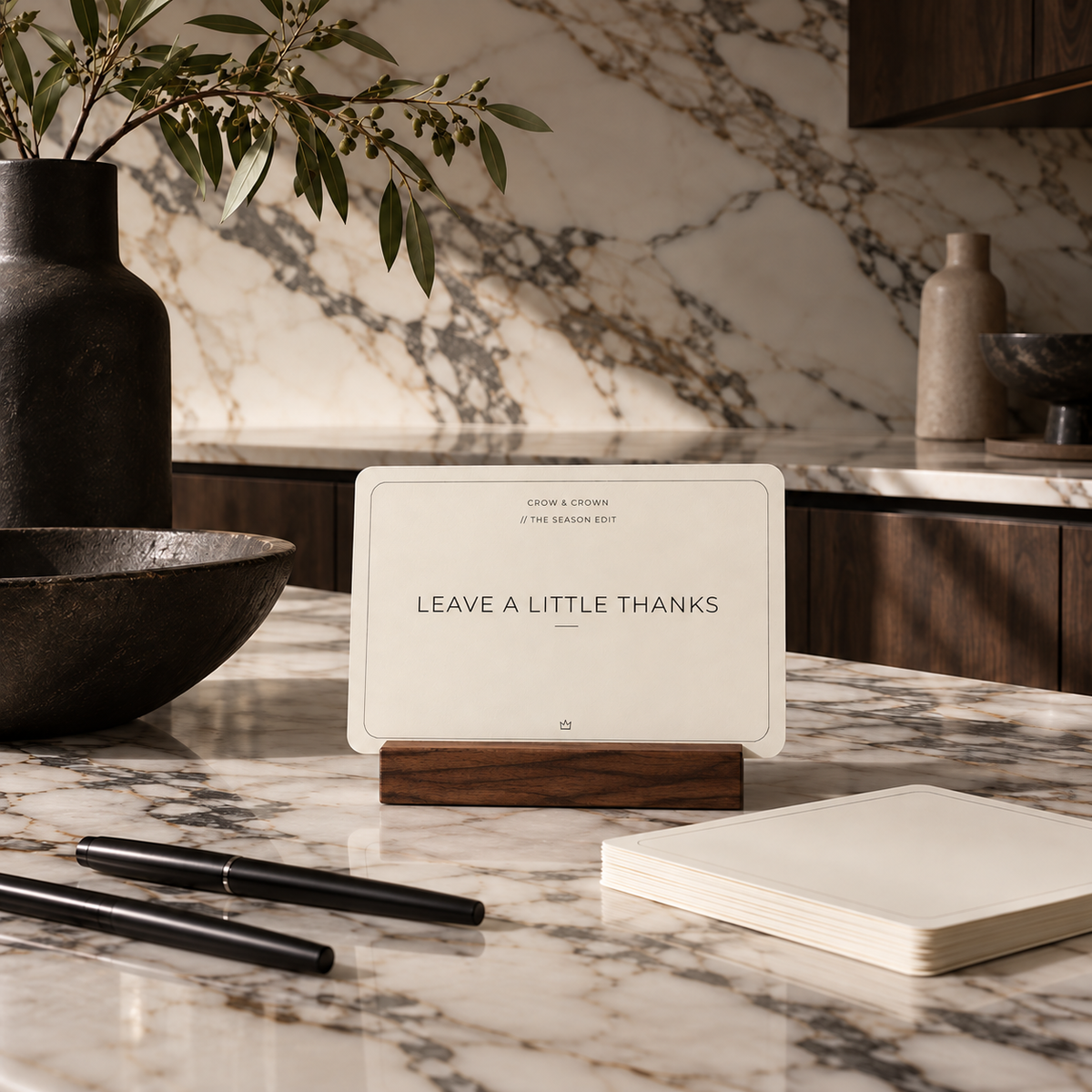 Leave a Little Thanks Thanksgiving printable at a marble gratitude-writing station
