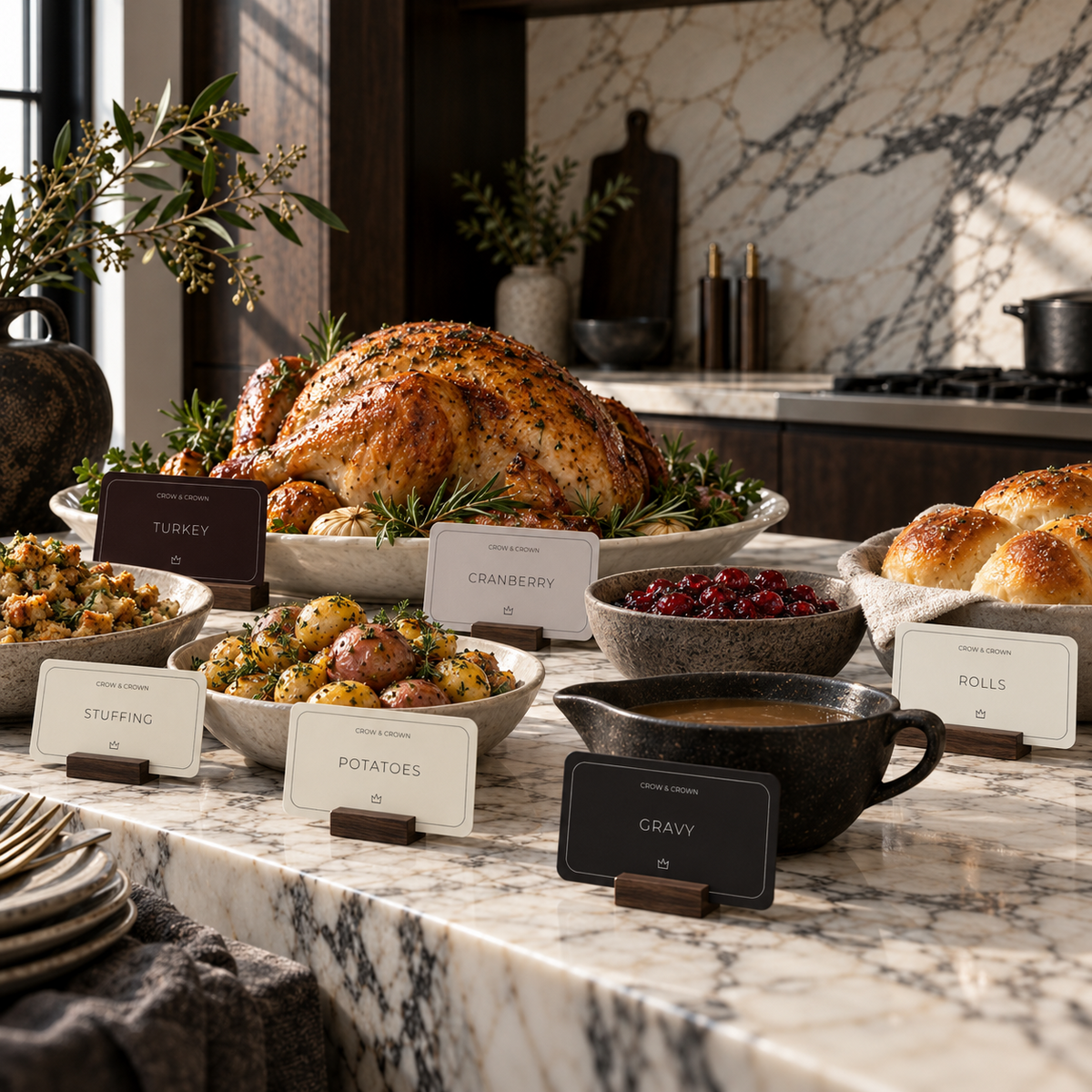 Thanksgiving printable buffet labels arranged with roast turkey and side dishes on marble