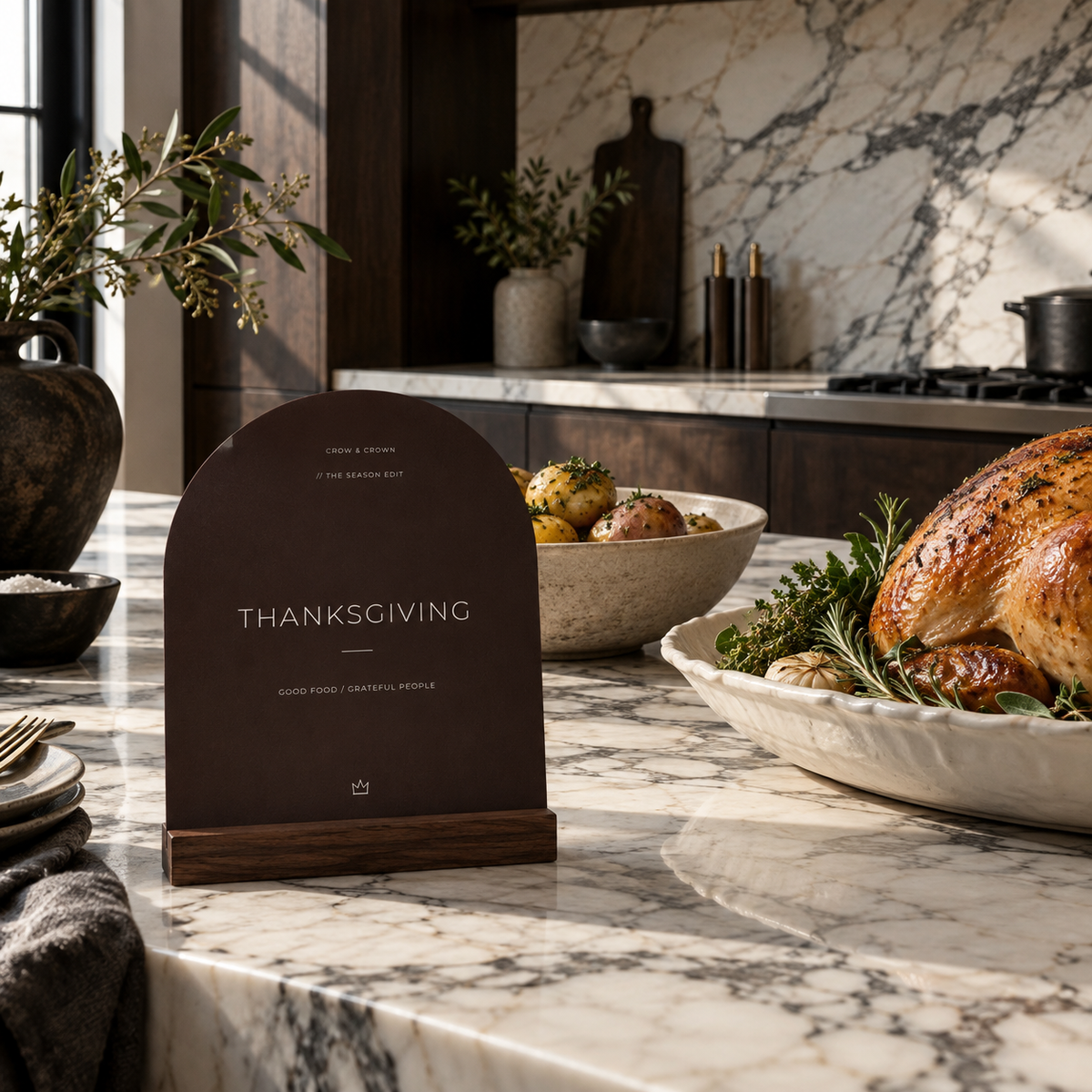 Espresso Thanksgiving welcome printable beside a roast turkey in a marble kitchen