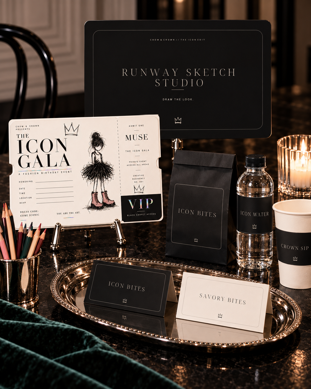 The Fashion Birthday Party complete printable collection with invitation, signage, snack packaging, bottle label, cup sleeve and food cards