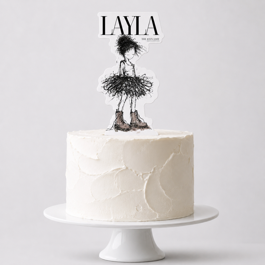The Icon Edit Layla cake cutout mockup with coily-hair Muse and short-name layout