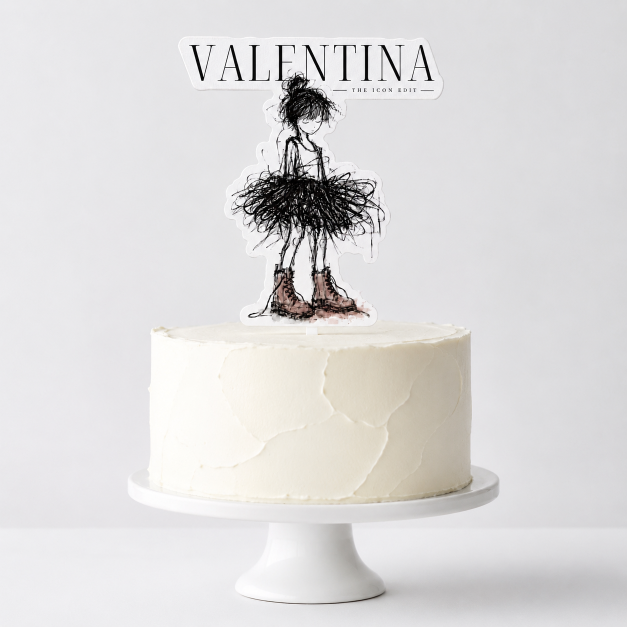The Icon Edit Valentina cake cutout mockup with messy-bun Muse and long-name layout
