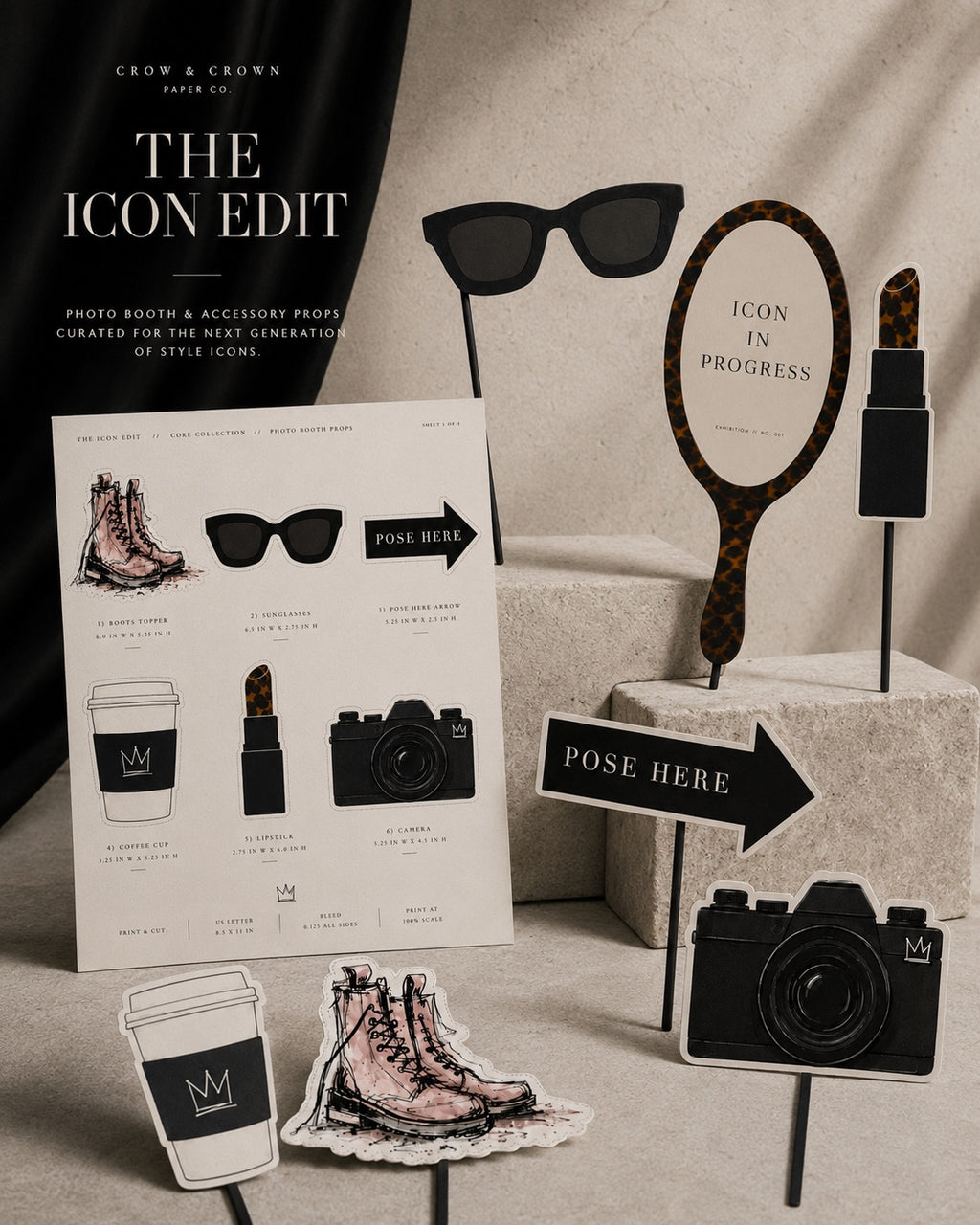The Icon Edit photo booth props display with printable accessory props