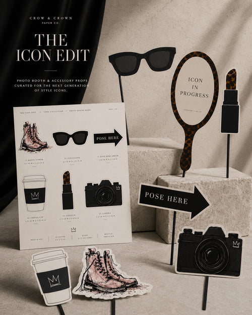 The Icon Edit photo booth props display with printable accessory props