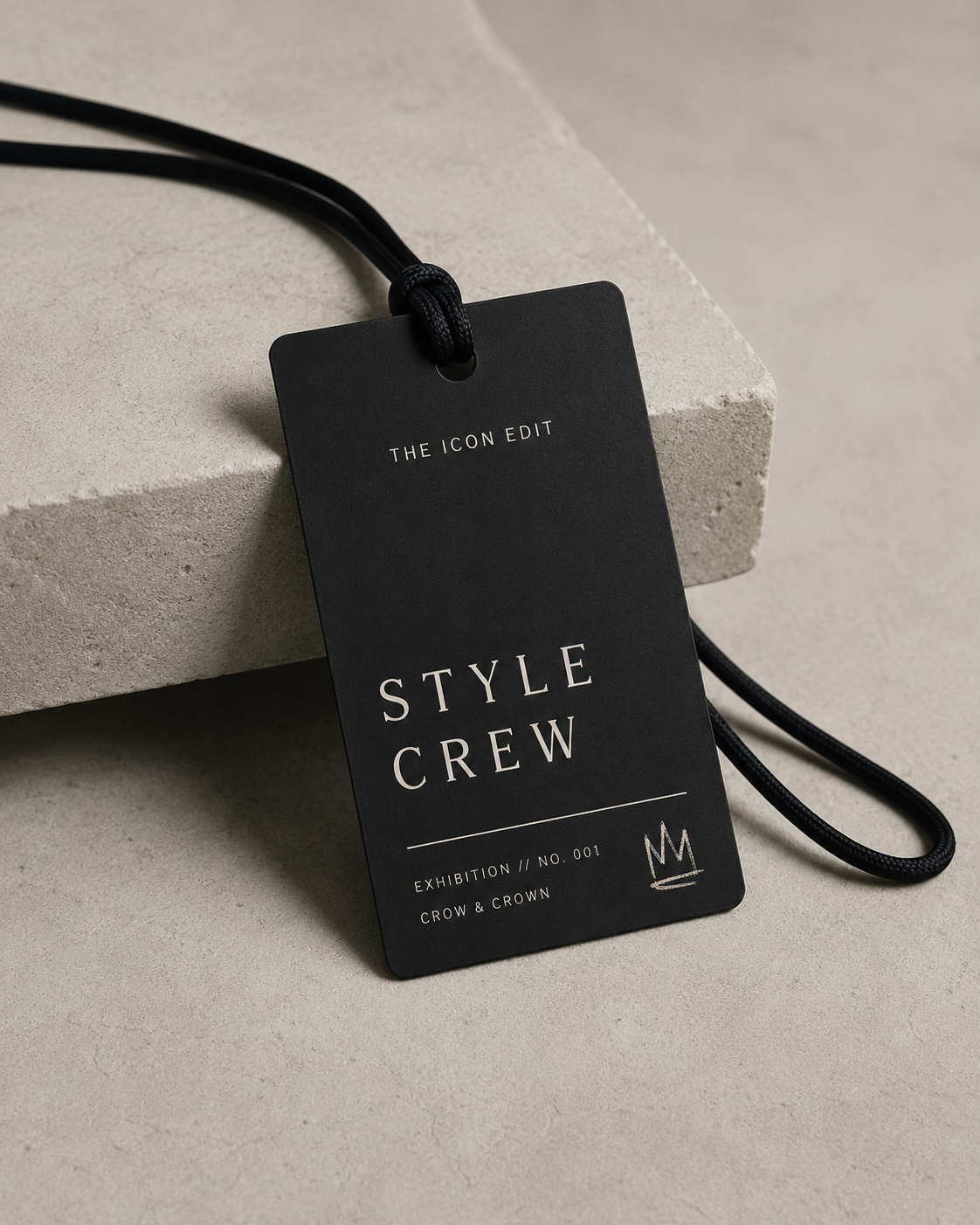 The Icon Edit black Style Crew tag mockup on stone surface