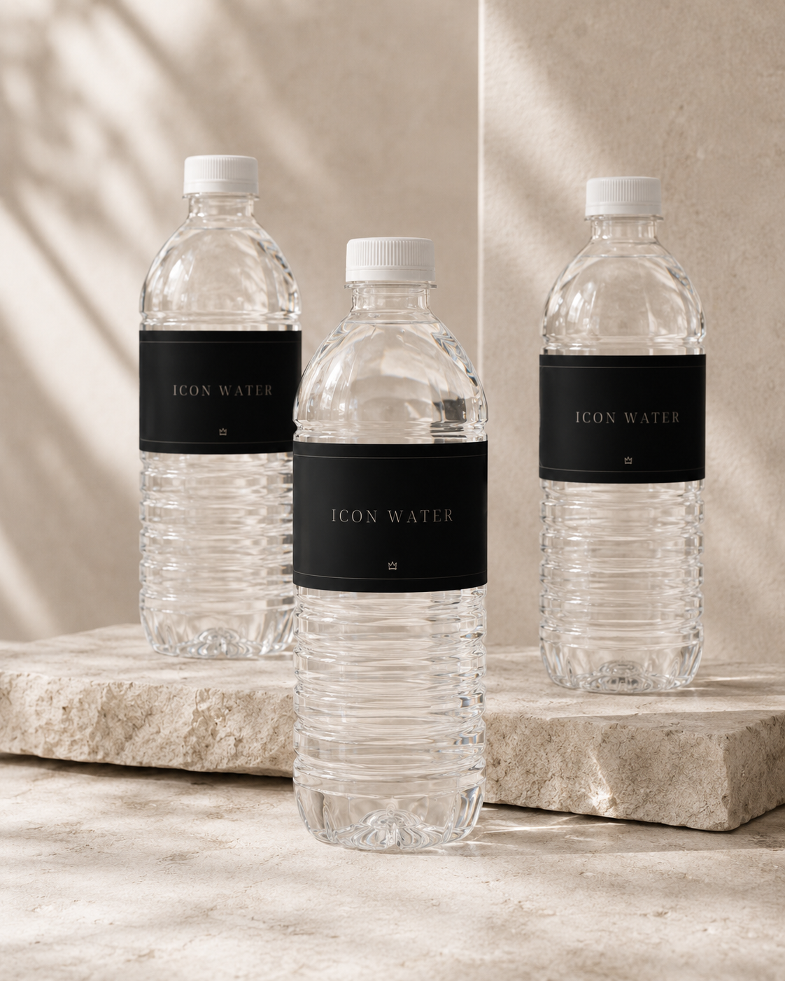 Icon Water black water bottle label mockup set with three bottles
