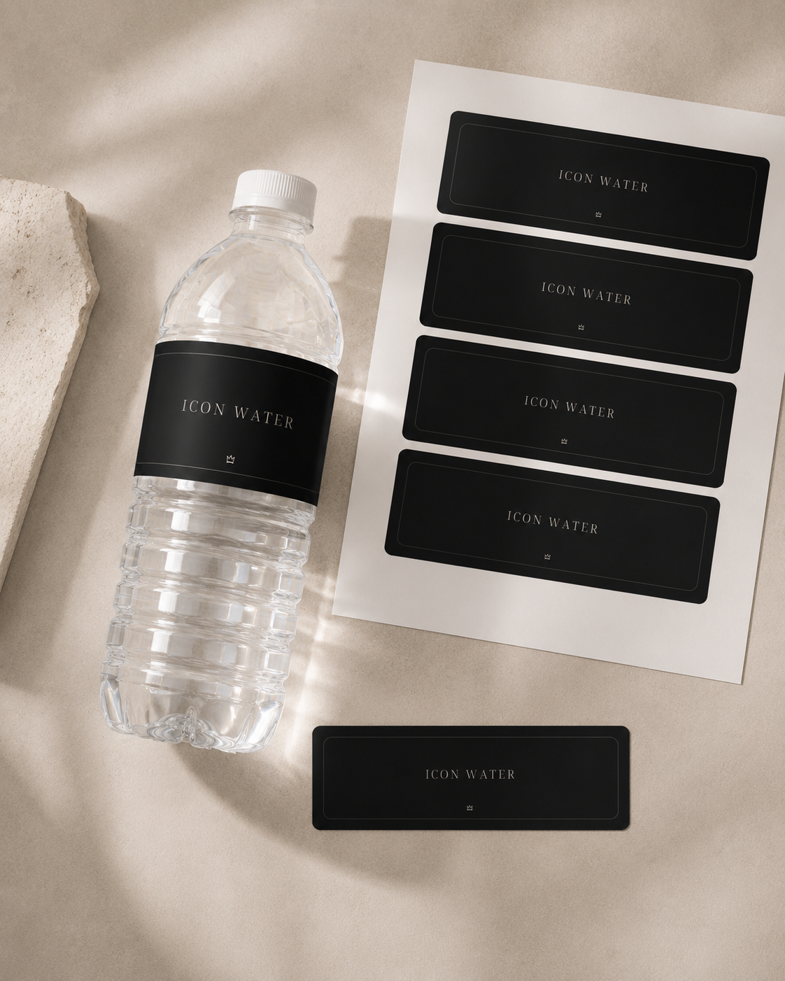 Icon Water bottle label printable flatlay mockup with print sheet