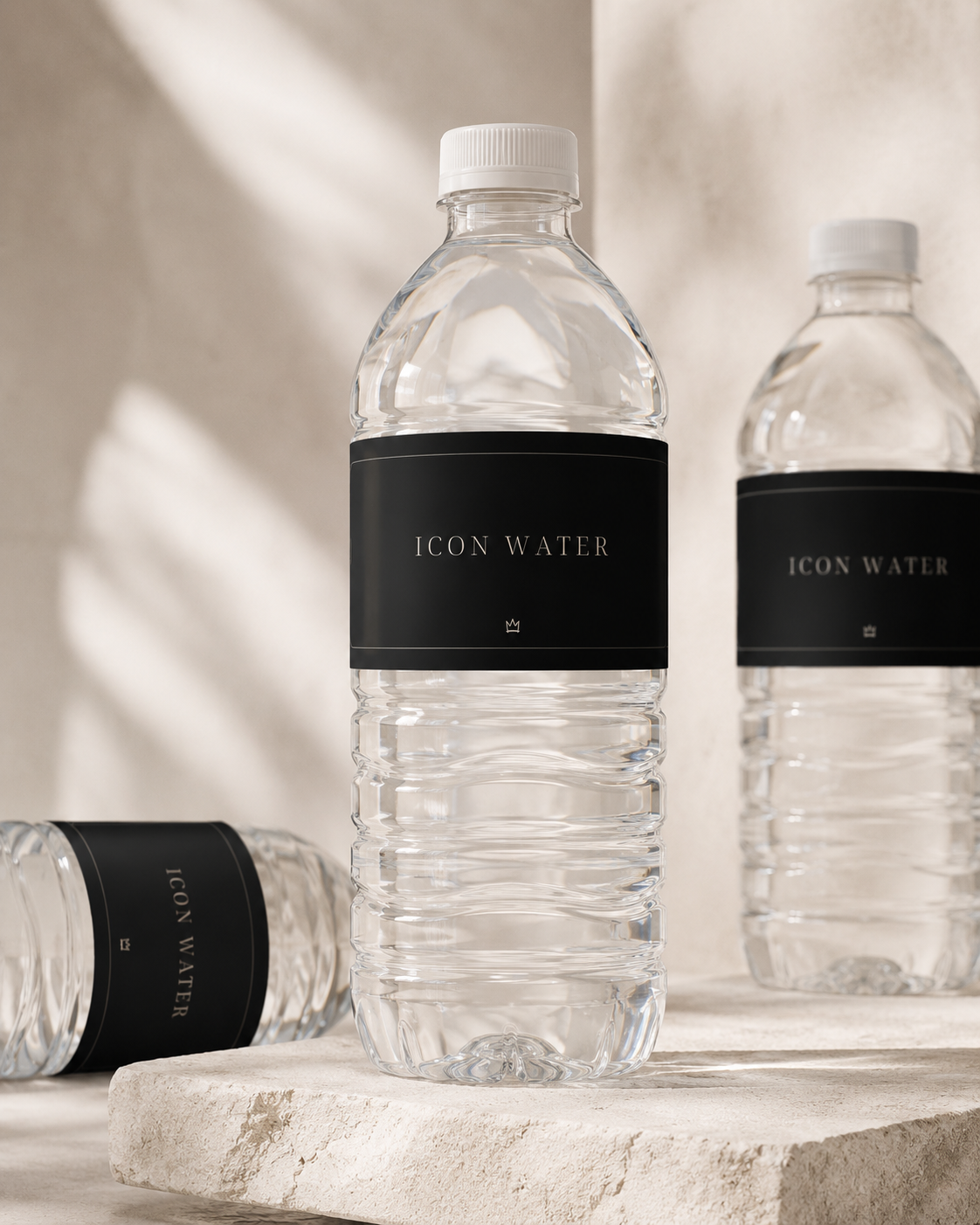 Icon Water black water bottle label hero mockup by Crow and Crown