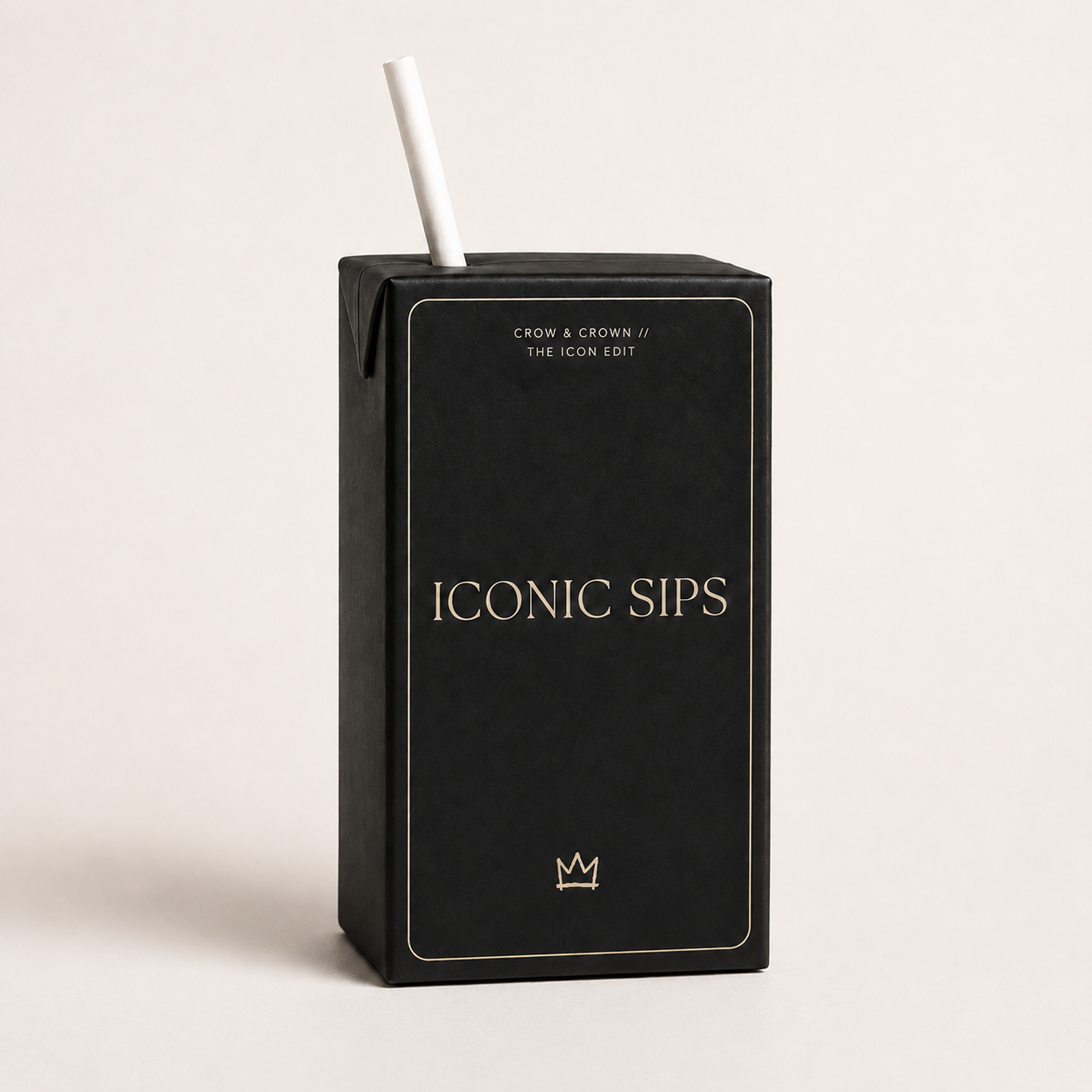 Iconic Sips black and beige printable juice box wrap mockup with smaller crown and white straw
