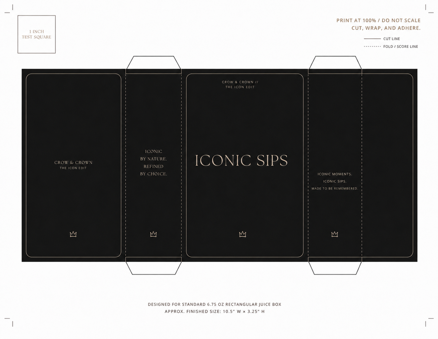 Iconic Sips juice box wrap print at home template with smaller crown