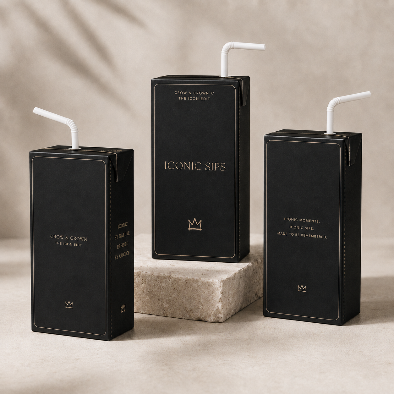 Three Iconic Sips black and beige juice box wrap mockups with smaller crowns on a neutral stone display