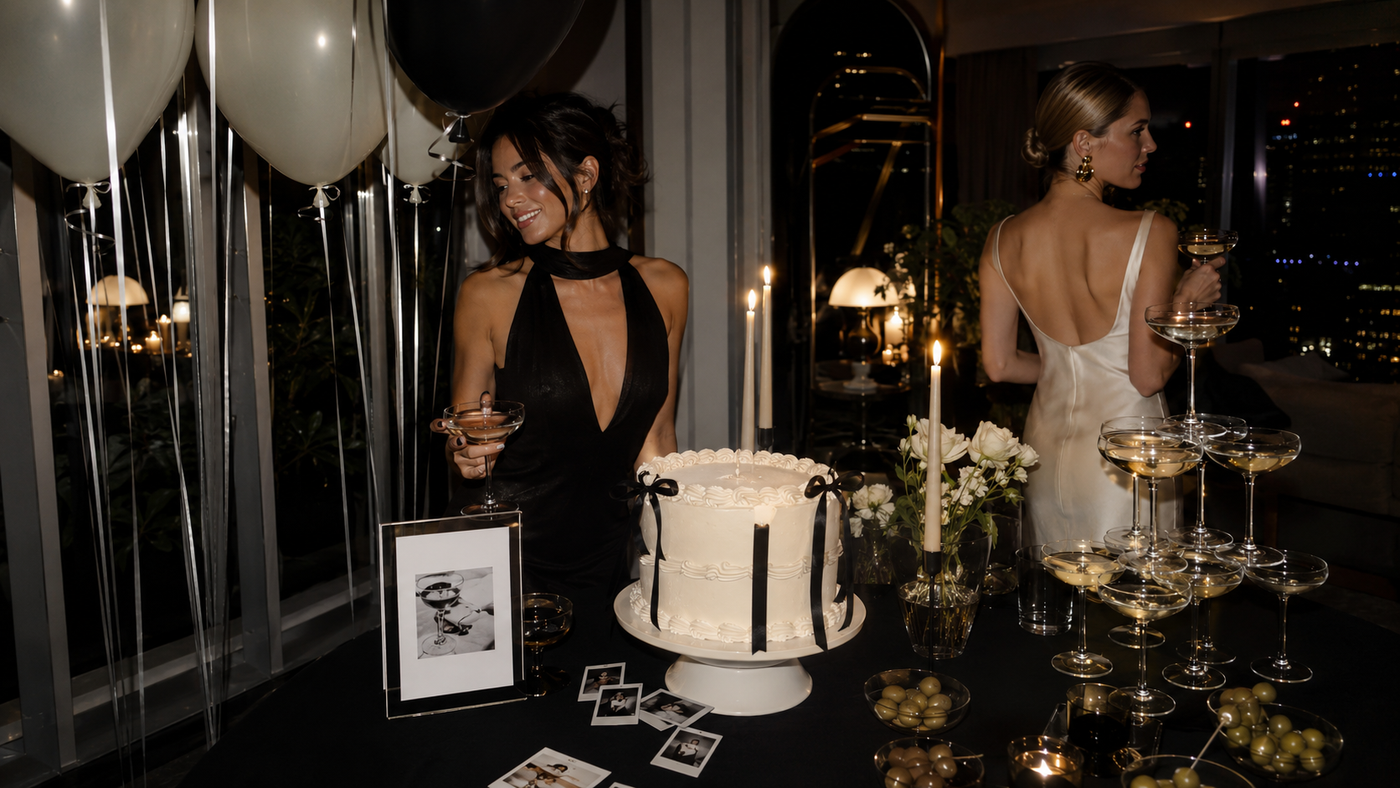 Candlelit Midnight Muse party scene with black and ivory styling, cake, martinis, and chrome balloons