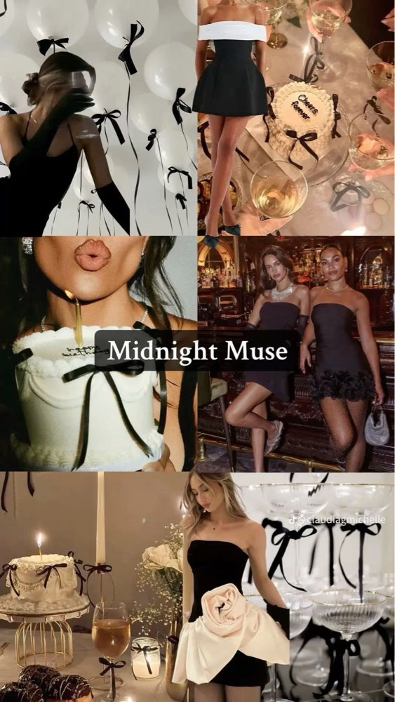 Original Midnight Muse party inspiration collage with black bows, candlelit cake, and direct-flash after-party styling