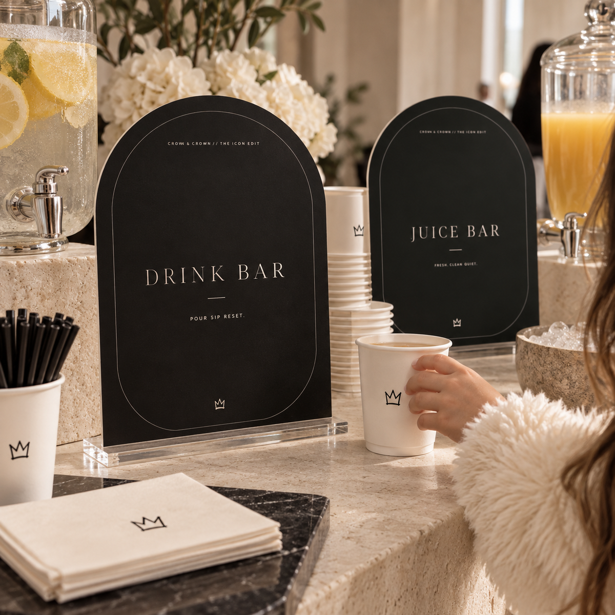 Drink Bar and Juice Bar fashion birthday printables with dispensers, cups and straws