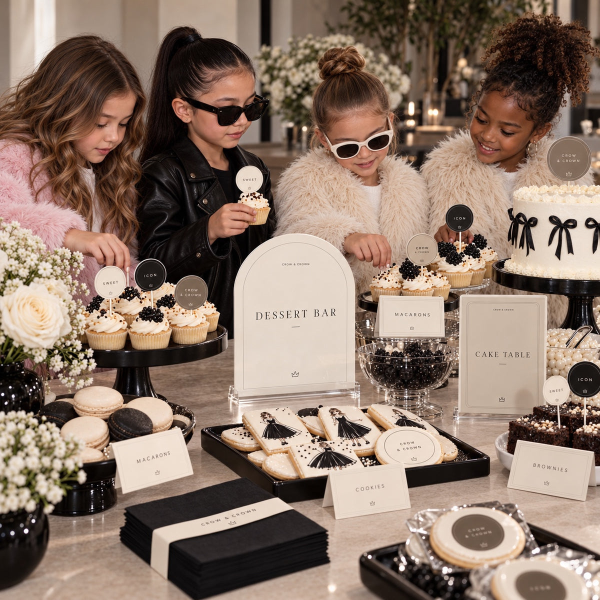 Minimal Fashion dessert display with an arched Dessert Bar sign, round toppers and mini food labels