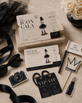 Icon Gala fashion birthday invitations with RSVP cards, VIP passes and illustrated photo props