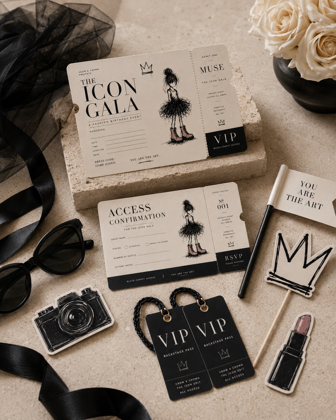 Icon Gala fashion birthday invitations with RSVP cards, VIP passes and illustrated photo props