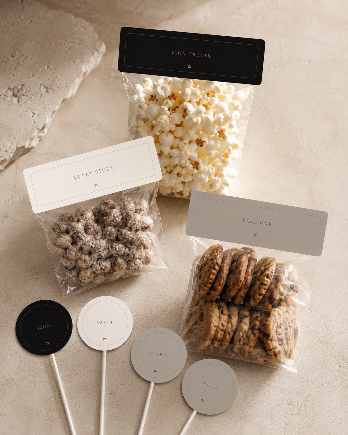 Fashion birthday treat-bag toppers with popcorn, cookies and round printable food toppers