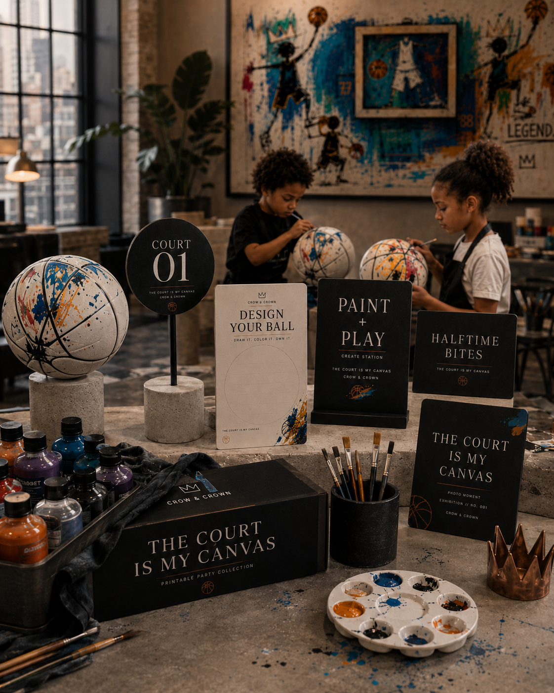 Kids at a luxury basketball art party station with The Court Is My Canvas printables