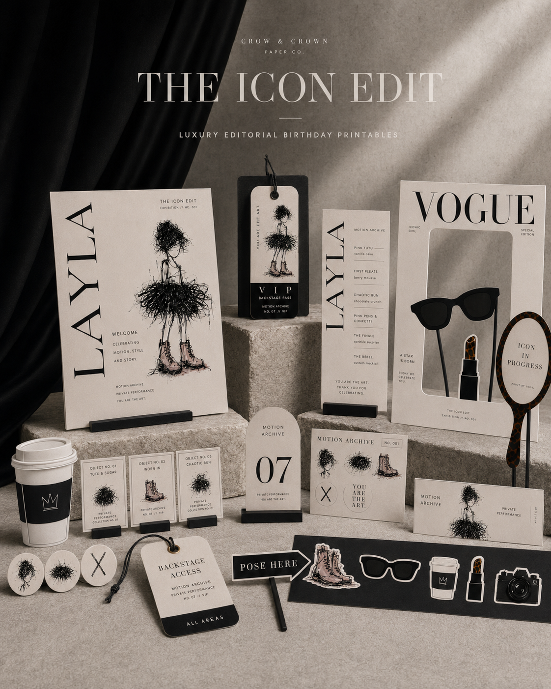 The Icon Edit luxury birthday printable party collection styled on stone plinths