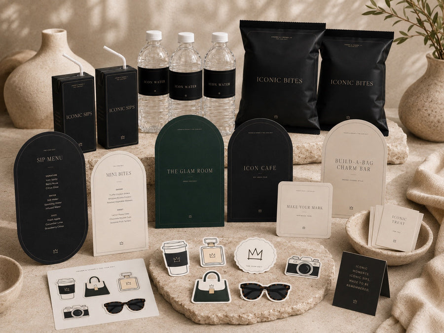 The Icon Edit Signs + Styling Stations bundle mockup showing signs, food labels, beverage wraps, treat tags, stickers, and station pieces